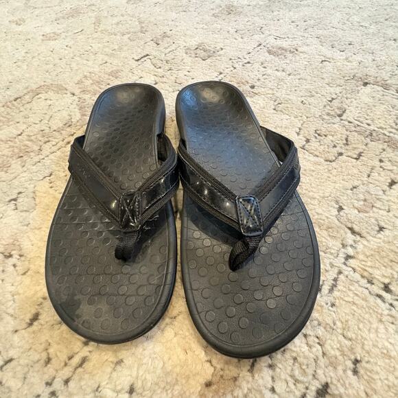Vionic Black Leather Trimmed Flip Flop Sandals Orthotic Comfort Women's Size 9.5 - Picture 1 of 6